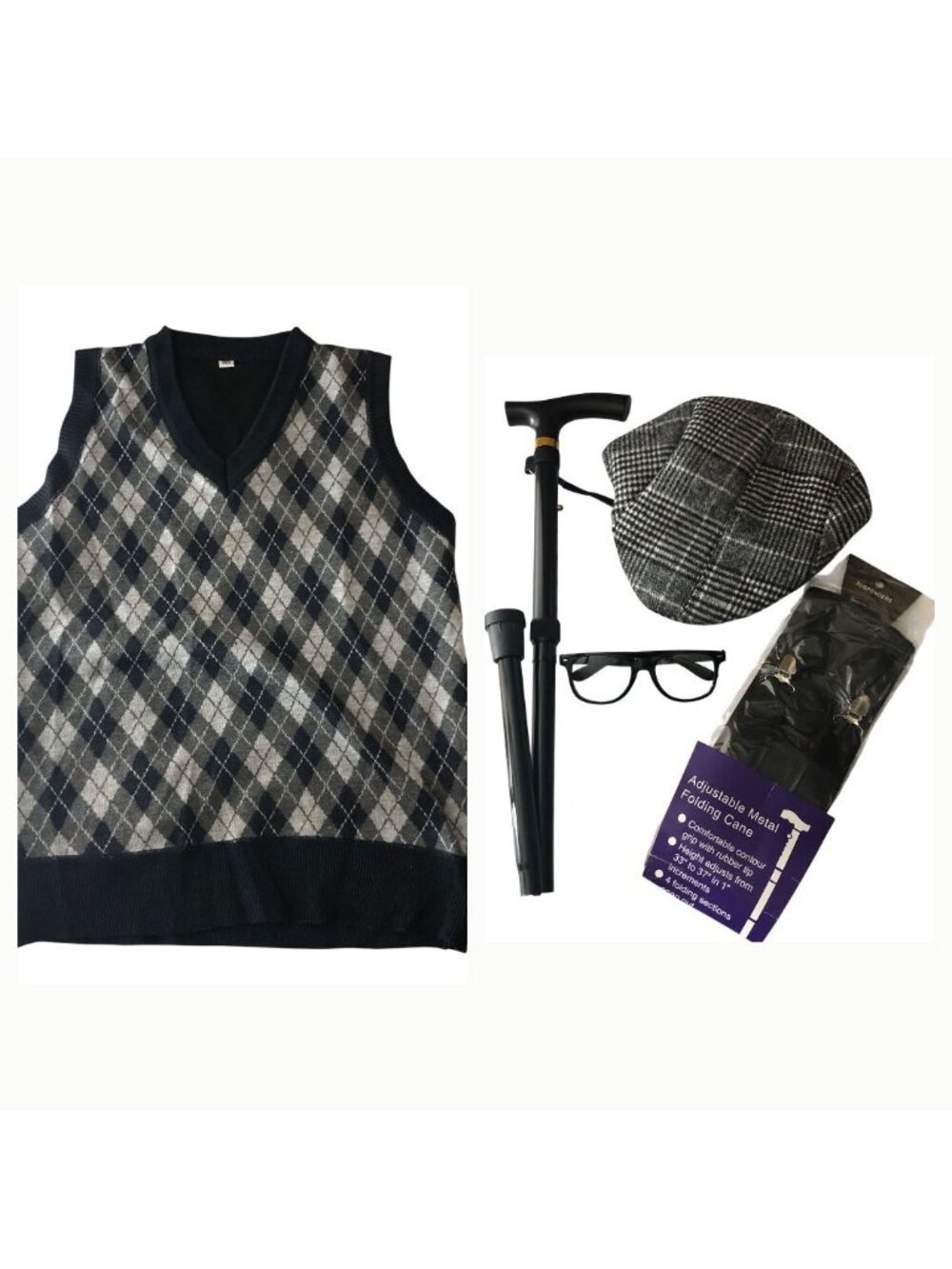 Elderly Grandpa Costume Set for Boys Argyle Sweater Vest Accessories Size L
